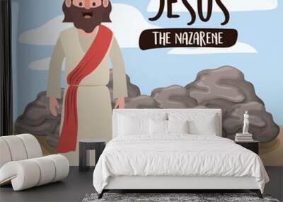 jesus the nazarene in scene in desert next to the rocks in colorful silhouette vector illustration Wall mural