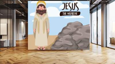 jesus the nazarene in scene in desert next to the rocks in colorful silhouette vector illustration Wall mural