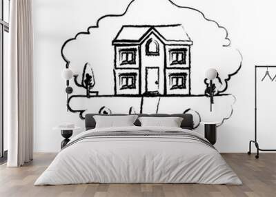 monochrome blurred silhouette scene of natural landscape and facade house of two floors vector illustration Wall mural