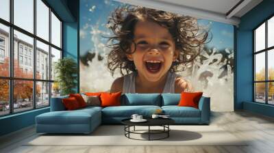 Smiling child splashing, enjoying fun summer vacations, playing in water generated by AI Wall mural