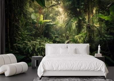 Tranquil footpath through lush tropical rainforest adventure generated by AI Wall mural