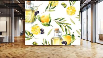 Background with lemons and olives. Seamless pattern with olive branches and ripe lemons Wall mural