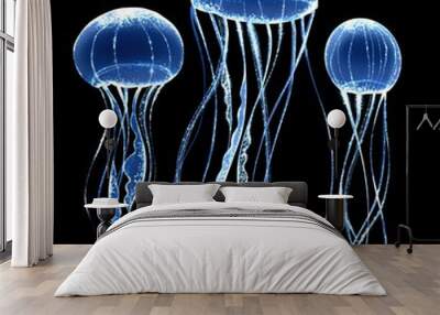 Glowing jellyfish set isolated on black background Wall mural