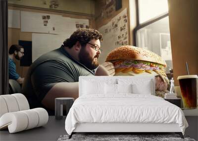 Fat man eats a huge hamburger at a fast-food restaurant Wall mural