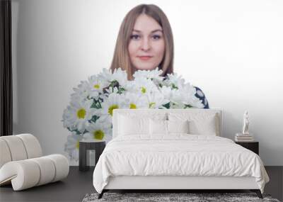 Girl with a bouquet of chrysanthemums Wall mural