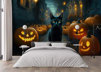 Black cat standing in a street lined with carved pumpkins  Generative AI Wall mural