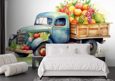 Colorful truck full of fruits and vegetables isolated on a white background in the style of watercolor Wall mural