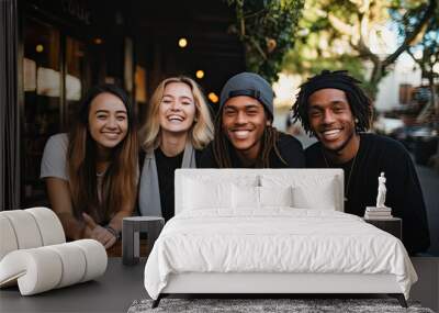 Group of young men and women out at night talking and laughing Wall mural