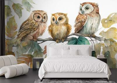 Three owls on a branch watercolor, Generative AI Wall mural