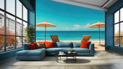 A beautiful beach with two sun loungers. Wall mural