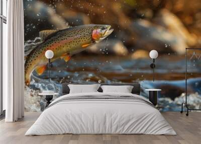 A beautiful rainbow trout jumping out of the water in a river. Wall mural