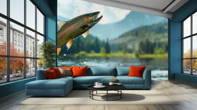 A beautiful rainbow trout jumping out of the water in a river. Wall mural