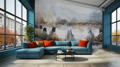 A watercolor painting depicting Jesus teaching his disciples Wall mural