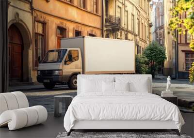 A white delivery truck with a blank white side view on the street in front of old European buildings. Wall mural