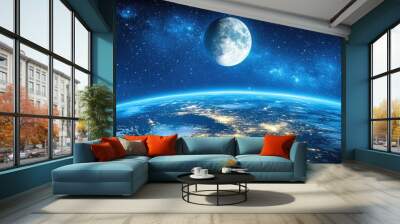 Abstract night view of the planet Earth from space, with stars and moonlight. Wall mural