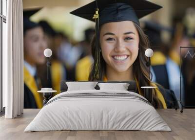 Beautiful female college graduate smiling in front, wearing a black and yellow graduation gown with a cap tassel on her head. Wall mural