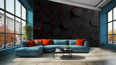 Black background with red geometric lines. Wall mural