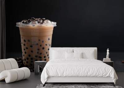 Bubble milk tea with coffee beans on a black background. Wall mural