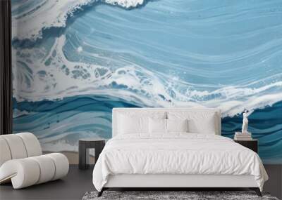 Blue with silver creative abstract ocean background banner for copy space text . Horizontal waves with white sea foam marble texture and sand beach. Water panorama fluid Vita paper collage Wall mural