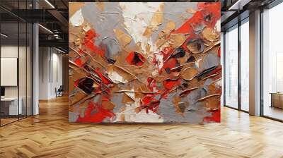 Oil painting with abstract geometric shapes in red, gray and gold colors in boho style using palette knife, art painting texture background Wall mural