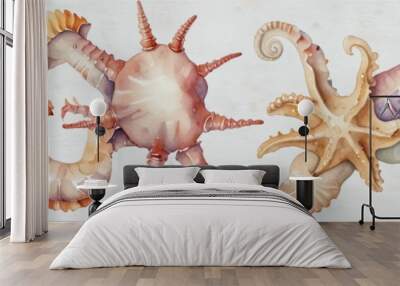 seahorse crabs background hand drawing shells watercolor isolated starfish pearl crab shell sea seashell beach collection white nature marin mollusc set ocean animal group star snail summer clam Wall mural