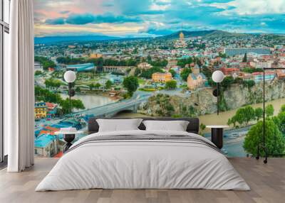 Panoramic Top View Of Tbilisi Center, Georgia, Famous Landmarks, Wall mural