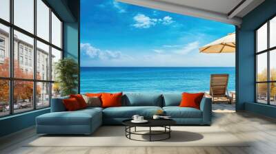 A beautiful beach with two wooden sun loungers under umbrellas. Wall mural