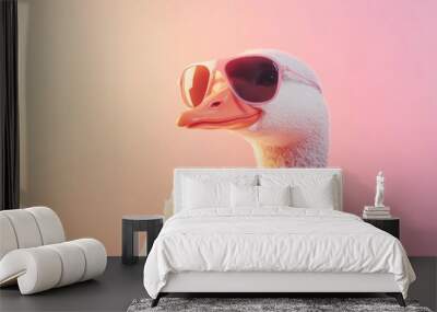 A funny goose wearing sunglasses, isolated on a pastel background. Wall mural