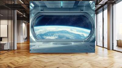 A futuristic space station interior with a large window view of Earth. Wall mural