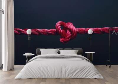 A red rope with two knotted ends on a dark background, symbolizing strength and unity . Wall mural