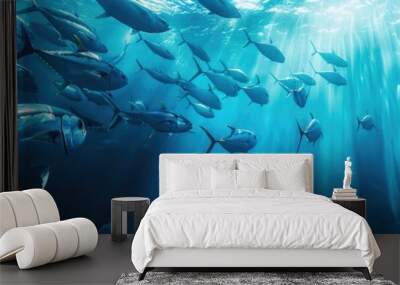 A school of blue tuna fish swimming in the deep ocean. Wall mural