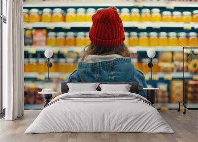 A woman in a red hat stands in front of supermarket shelves Wall mural