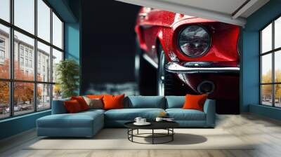 Close-up of a red retro car with raindrops on a black background. Wall mural