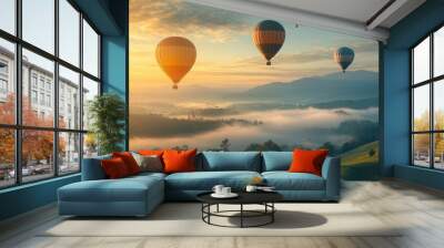 Colorful hot air balloons flying at sunrise. Wall mural