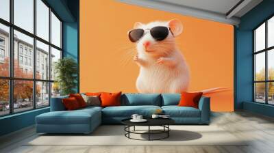 Cute, funny little white rat with sunglasses, isolated on a pastel orange background. Wall mural