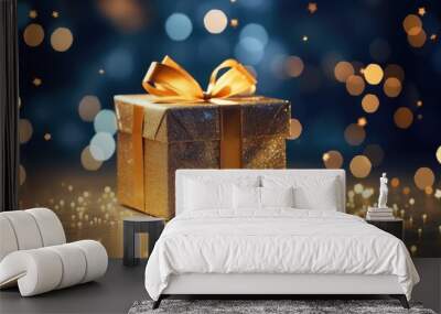 gift box with gold ribbon, in front of blurred background Wall mural