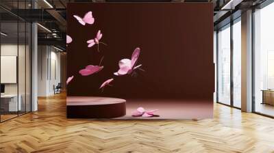 Pink butterflies flying around a podium with copy space on a brown background. Wall mural