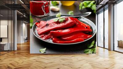 Baked, Roasted Red pepper on grill. Healthy vegetables Wall mural