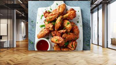 Baked chicken wings with sesame seeds and sweet chili sauce on white wooden board. Wall mural