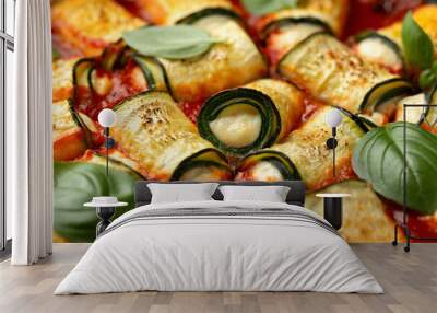 Baked zucchini rolls with ricotta, pecorino cheese in marinara sauce. Healthy food Wall mural