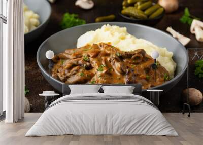 Beef Stroganoff with mushrooms and mashed potatoes. Wall mural