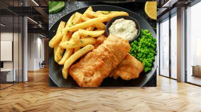 British Traditional Fish and chips with mashed peas, tartar sauce and cold beer. Wall mural