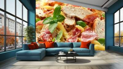 Chicken, bacon Penne pasta with parmesan cheese and basil. healthy food. Wall mural