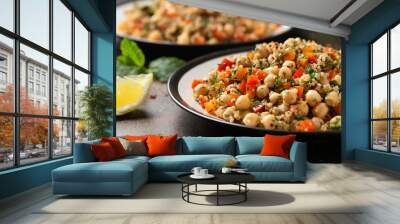 Chickpea Salad with Quinoa, sweet red pepper, herbs and lemon. Healthy food Wall mural