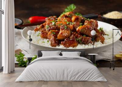 Chinese traditional cuisine sticky braised pork belly with rice on white plate Wall mural