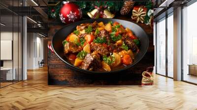 Christmas Beef Stew with decoration, gifts, green tree branch on wooden rustic table Wall mural