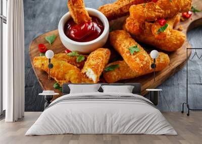 Crispy Halloumi cheese sticks Fries with Chili sauce for dipping. Wall mural