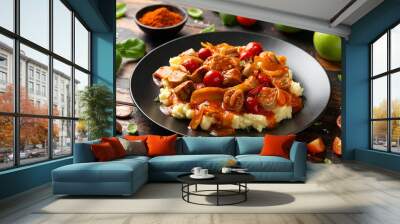 Devilled Sausages with mashed potato, spiced tomato and apple sauce. Wall mural