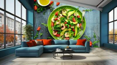 Fresh Avocado, shrimps salad with lettuce green mix, cherry tomatoes, herbs and olive oil, lemon dressing. healthy food Wall mural