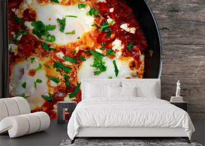 Fresh Eggs poached in Pan. In tomato sauce and onion, red, yellow pepper Wall mural